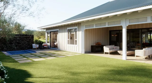 a view of a house with swimming pool and porch