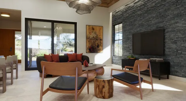 a living room with furniture a large window and a flat screen tv