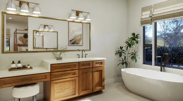 a bathroom with a tub a sink and mirror