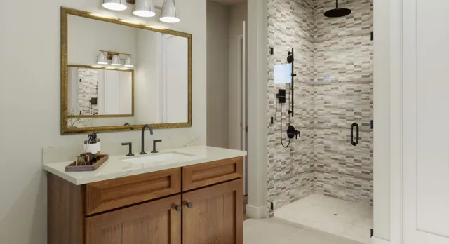 a bathroom with a shower a sink and a mirror