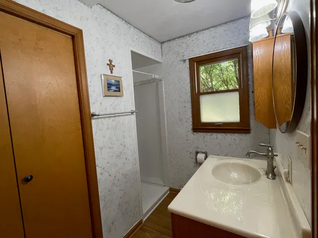 a bathroom with a sink a mirror and a shower
