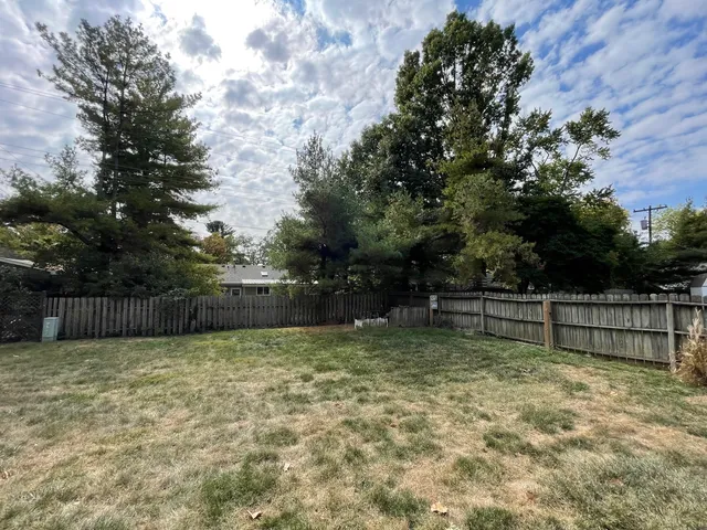 a view of a backyard with large trees