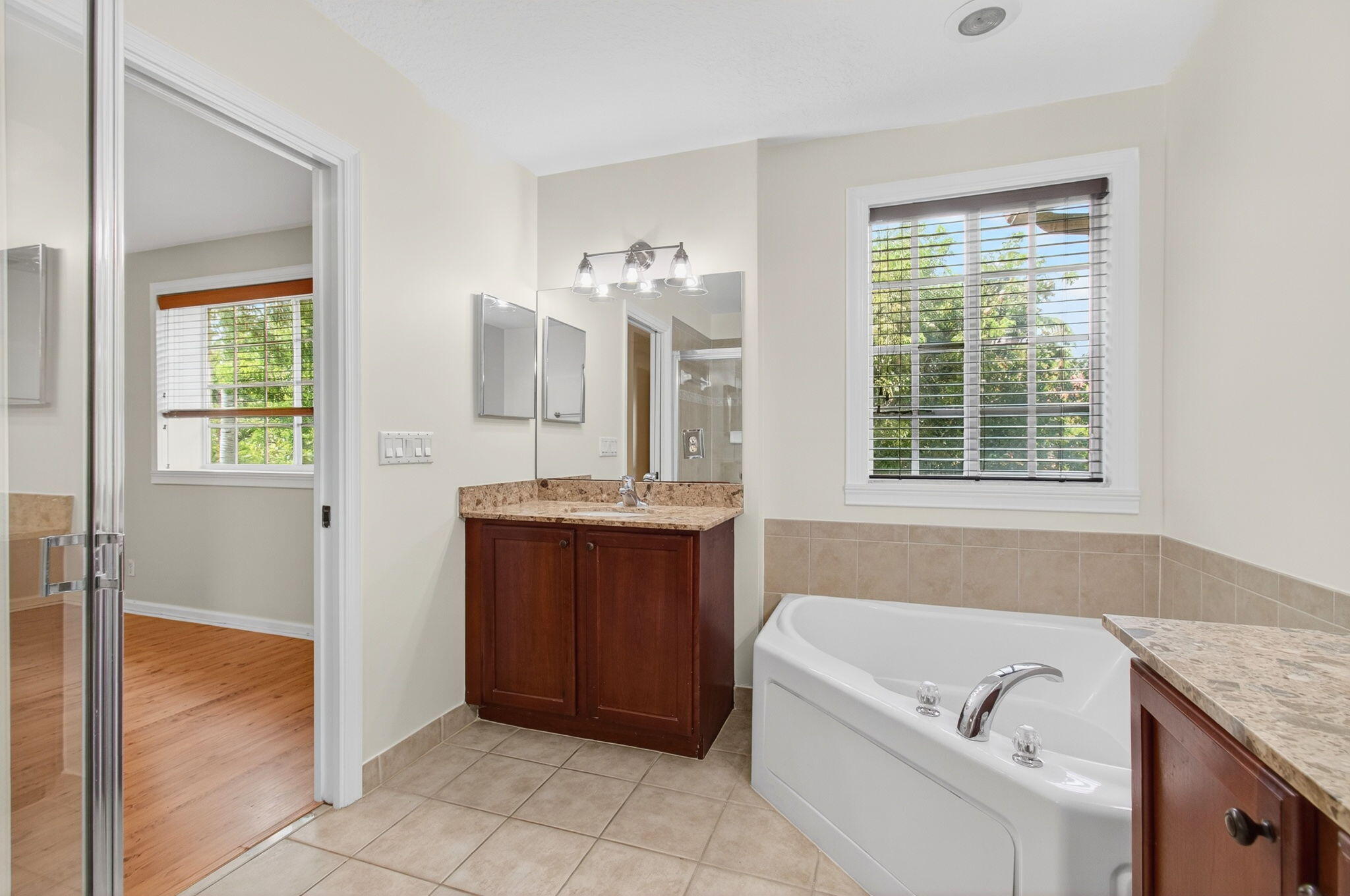 4582 Danson Way Delray Beach, FL 33445 - Photo 29 of 74 a bathroom with a granite countertop bathtub a sink and a window