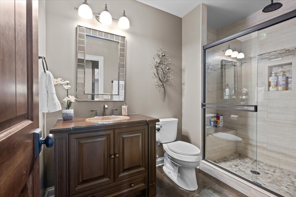 754 Wild Ginger Road Sugar Grove, IL 60554 - Photo 31 of 52 a bathroom with a granite countertop sink a toilet a mirror and shower