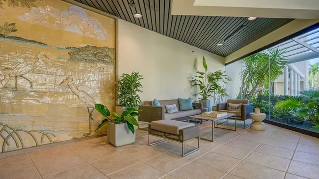 a view of a garden with an outdoor space