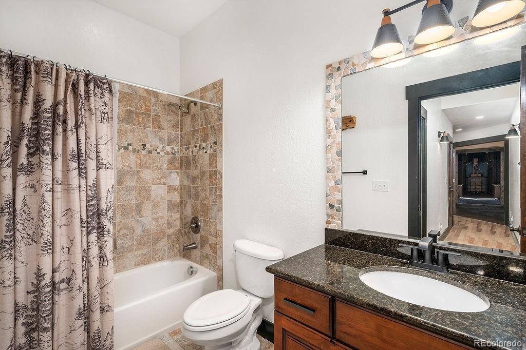16654 South 7th Street Pine, CO 80470 - Photo 35 of 50 a bathroom with a granite countertop sink toilet a mirror a bathtub and shower