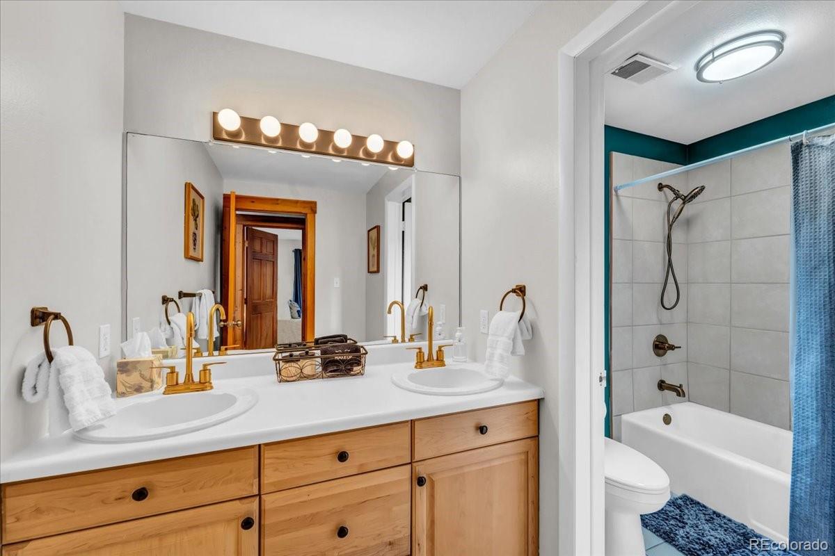 32217 Buffalo Park Road Evergreen, CO 80439 - Photo 30 of 46 a bathroom with a tub a sink double vanity and a mirror