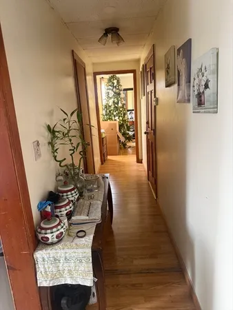 a view of a hallway with furniture and front door
