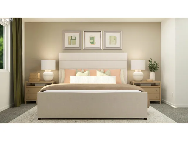 a bedroom with a bed and a potted plant