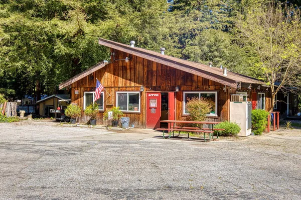 a view of a house with large windows and plants