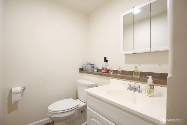 a bathroom with a sink a toilet and vanity