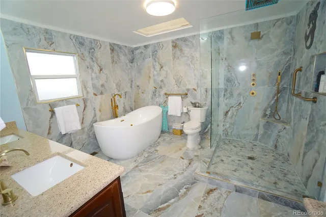 a bathroom with a granite countertop sink toilet and shower