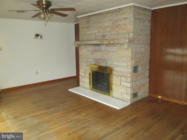 a room with a fireplace