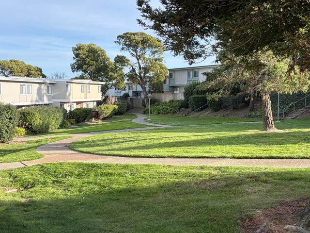 a view of a white house in a big yard with palm trees