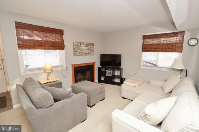 a living room with furniture a flat screen tv and a fireplace