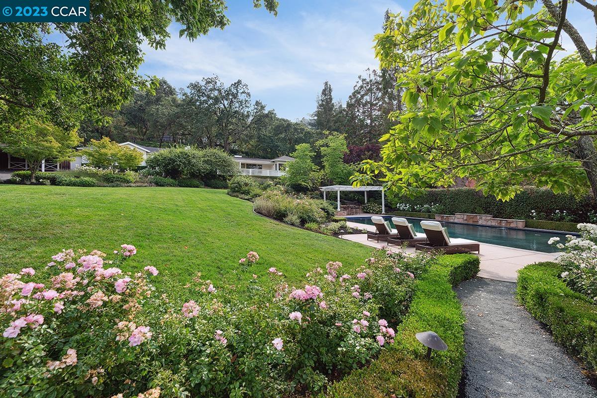 a view of a garden with sitting area