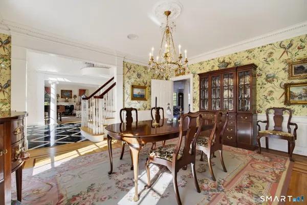 a view of a dining room with furniture