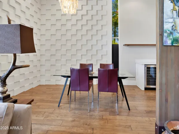 a view of a dining room with furniture