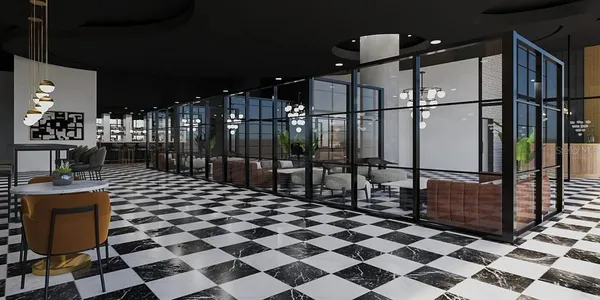 a building with black and white checkered floor