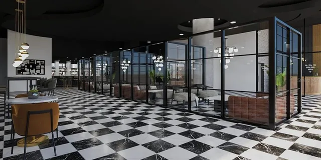 a building with black and white checkered floor