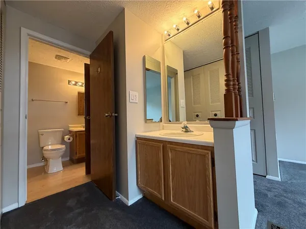 a bathroom with a sink and mirror with toilet