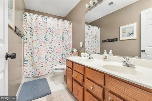 a bathroom with a double vanity sink toilet and shower