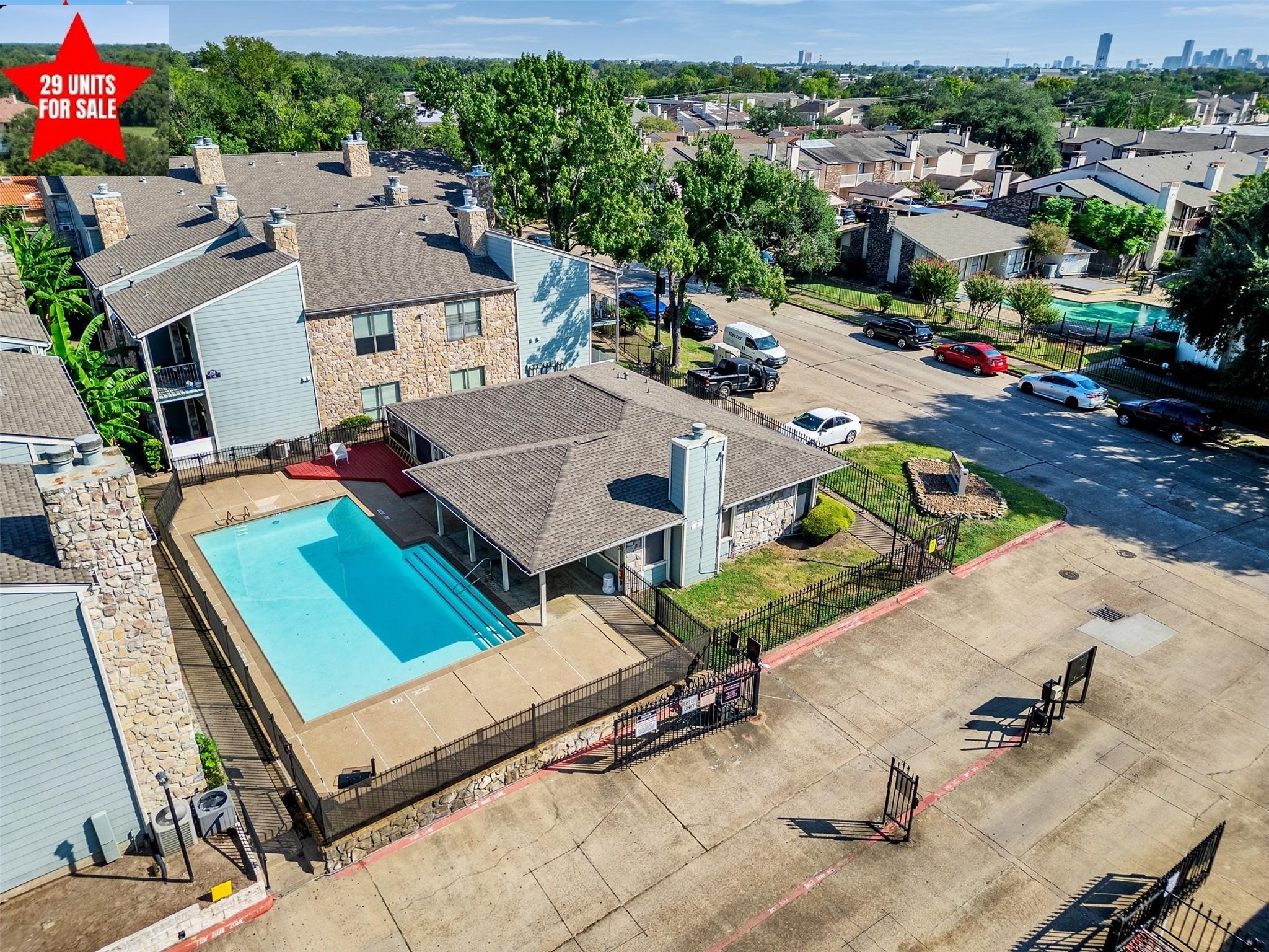 an aerial view of a house with a garden