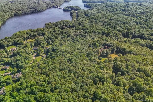 an aerial view of a house with a yard and covered with trees