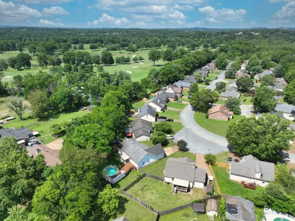an aerial view of residential houses with outdoor space and trees