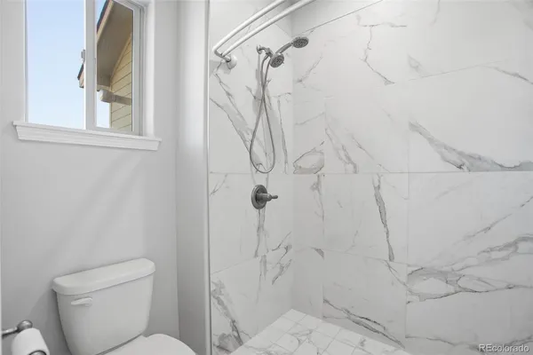 a bathroom with a shower and toilet