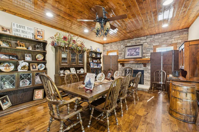 a view of a dining room with furniture