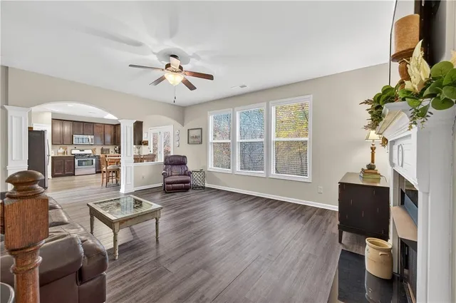 a living room with furniture a dining table and a potted plant