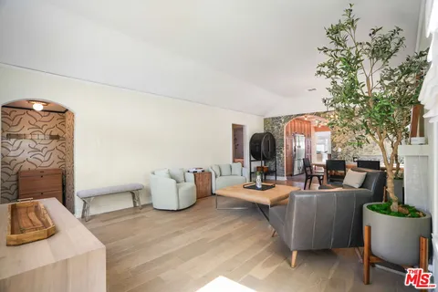 a living room with furniture and a potted plant