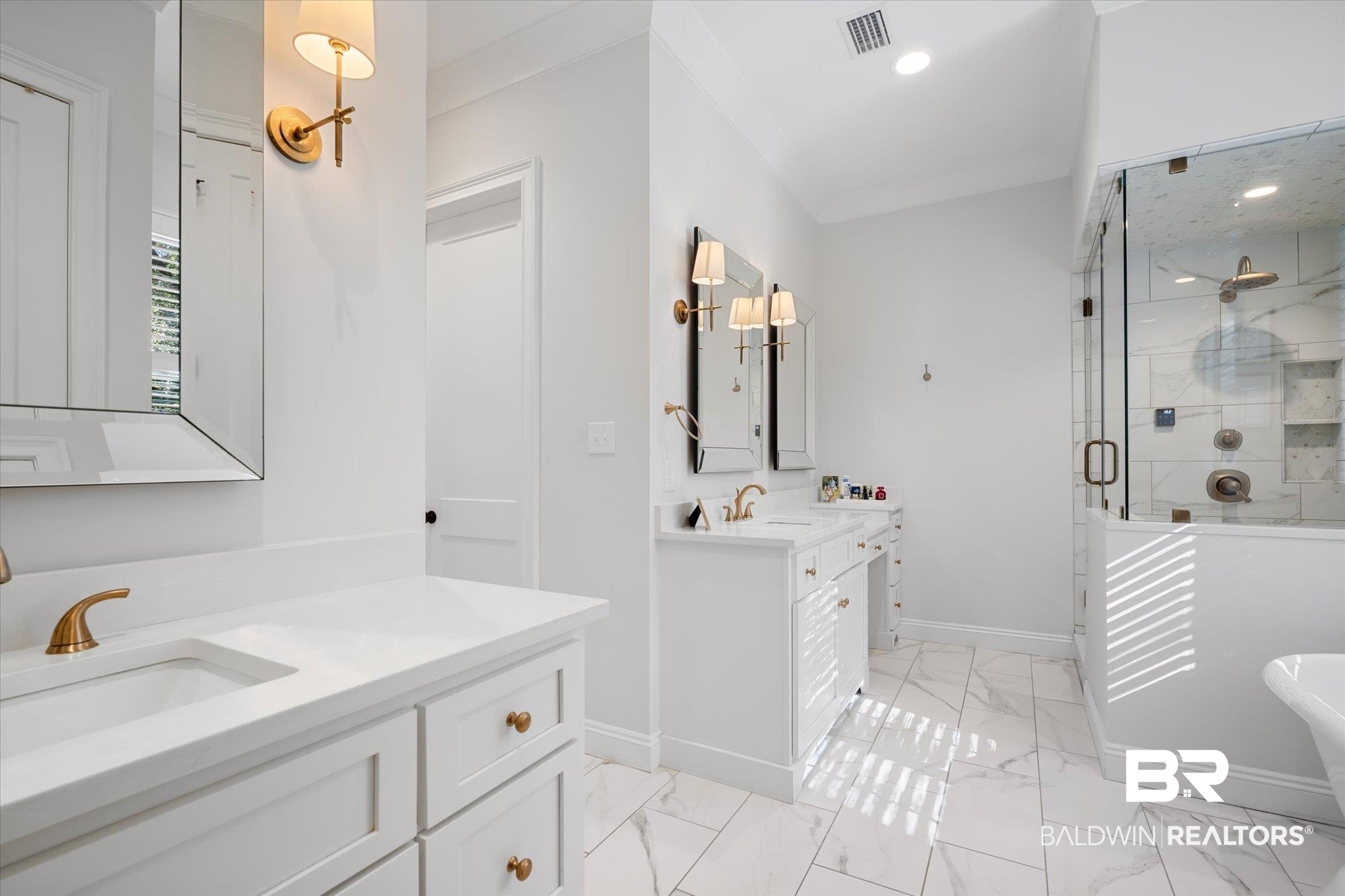 3713 Old Shell Road Mobile, AL 36608 - Photo 23 of 52 Bathroom featuring vanity, crown molding, and shower with separate bathtub