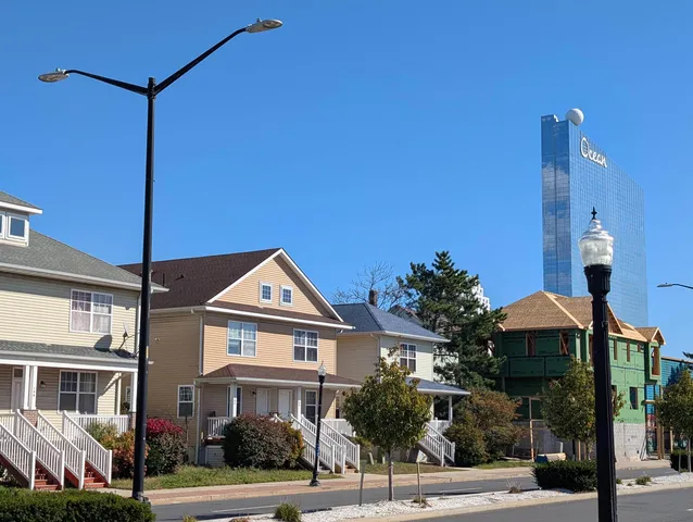a front view of a building with street view