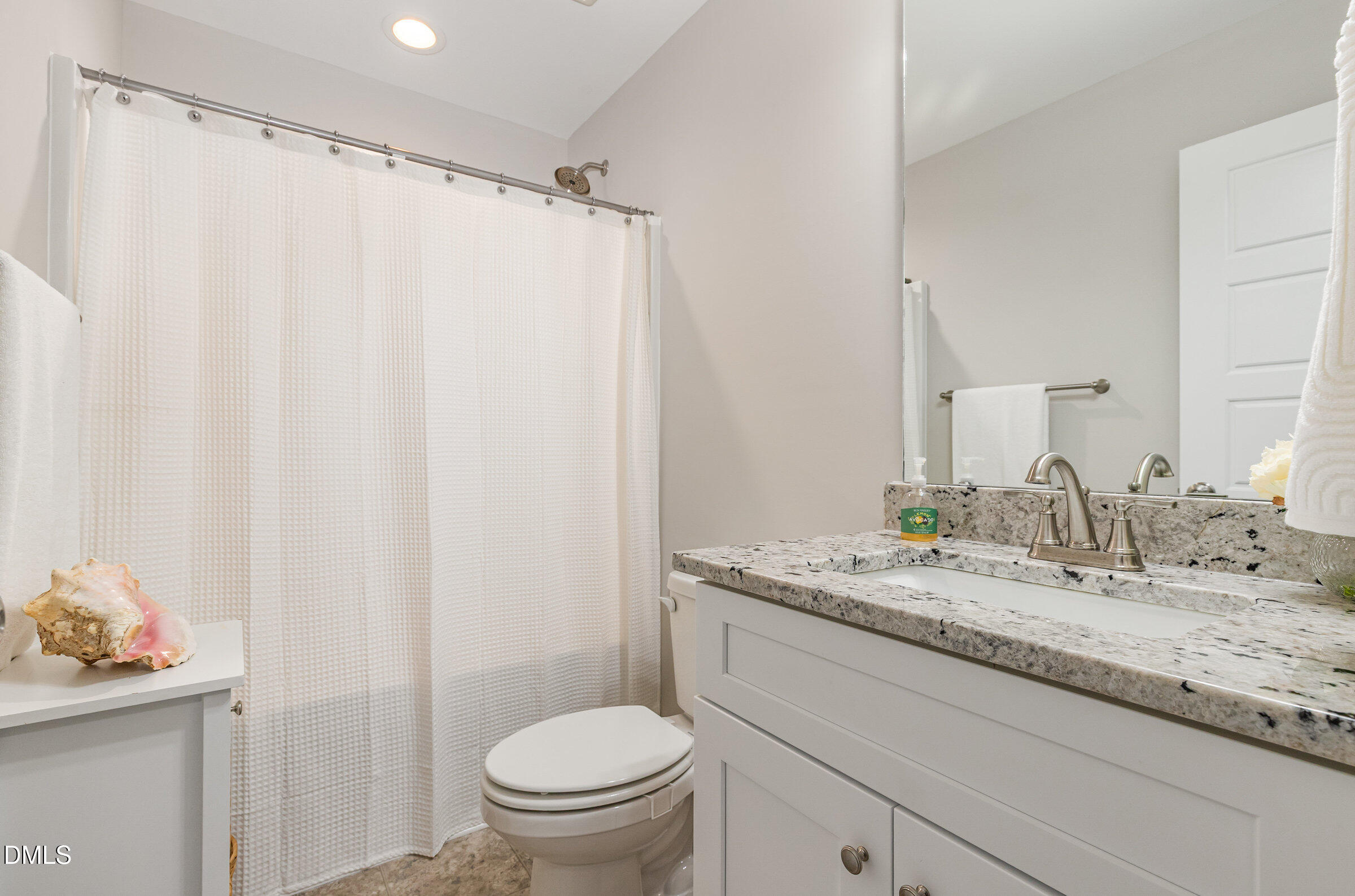 8662 Buckhorn Plantation Road Sims, NC 27880 - Photo 28 of 40 a bathroom with a granite countertop sink toilet and a mirror