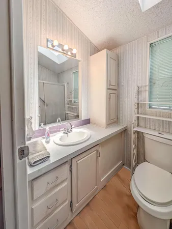 a bathroom with a toilet a sink and mirror