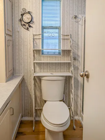 a bathroom with a toilet and a shower curtain