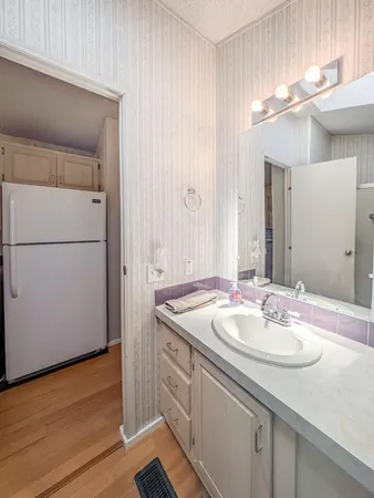 a bathroom with a sink and a mirror