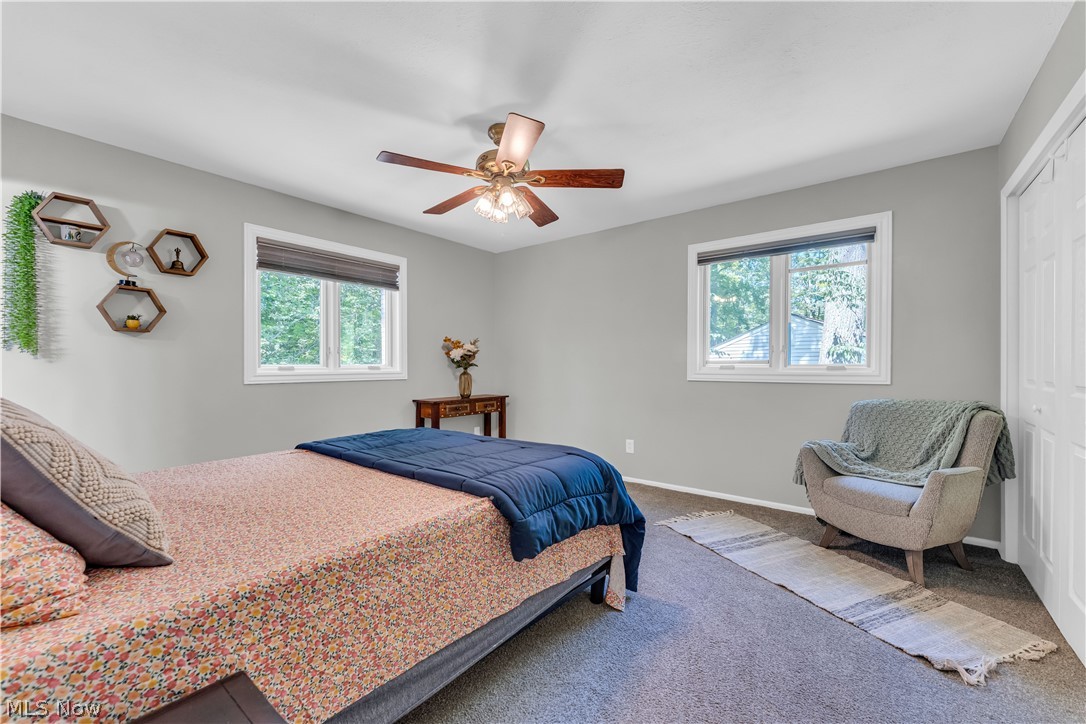 6821 Thornapple Road Gates Mills, OH 44040 - Photo 20 of 42 Spacious bedroom featuring light grey walls, two windows with blinds, a ceiling fan with integrated lighting, and soft grey carpeting