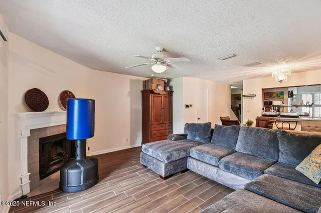 a living room with furniture and a fireplace
