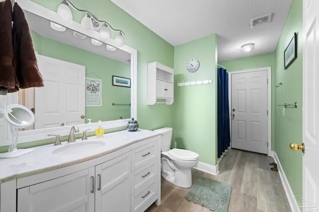 a bathroom with a sink a toilet and a large mirror