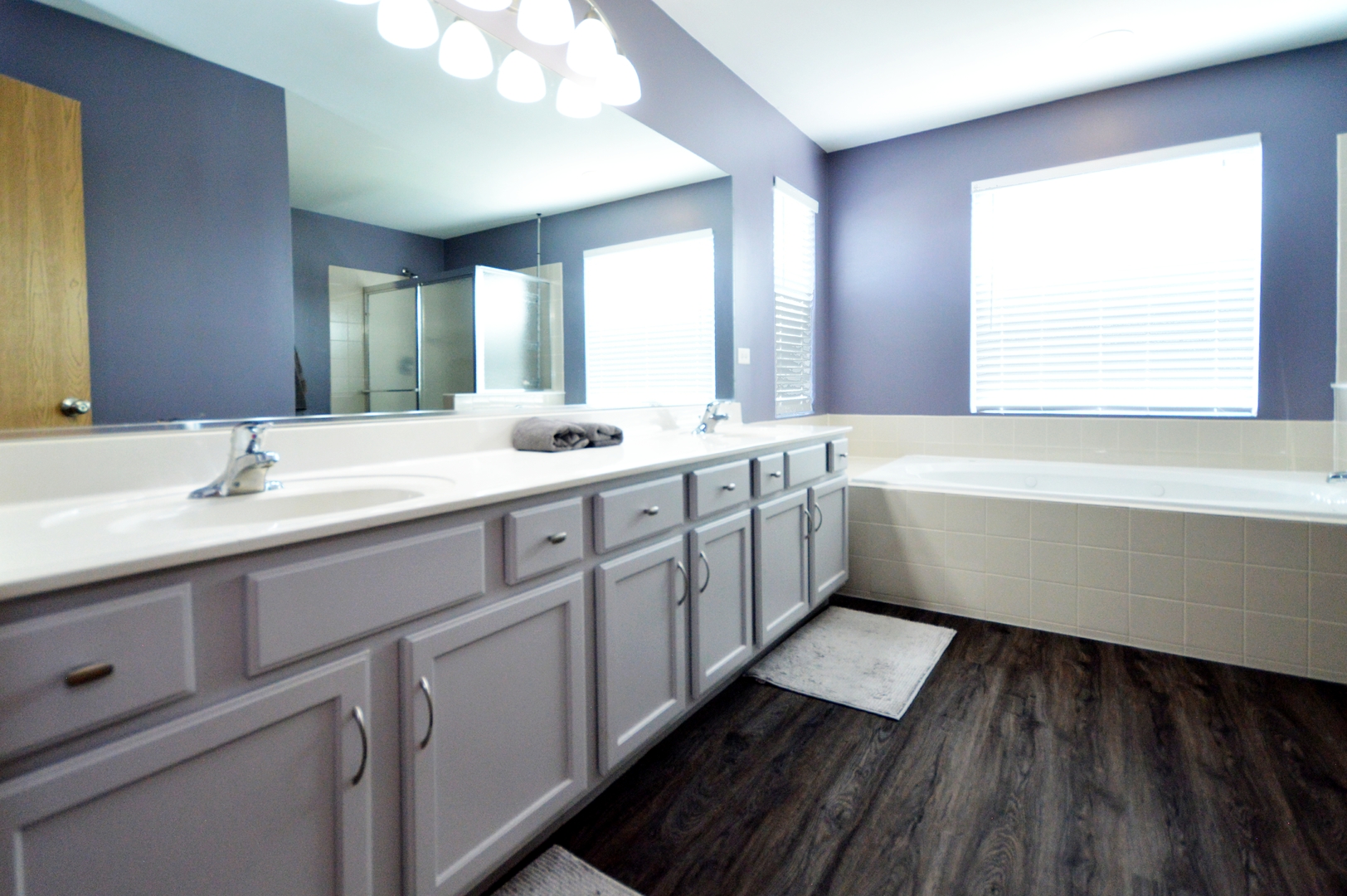 1504 Roth Drive Joliet, IL 60431 - Photo 17 of 27 a bathroom with a double vanity sink a mirror and a bathtub