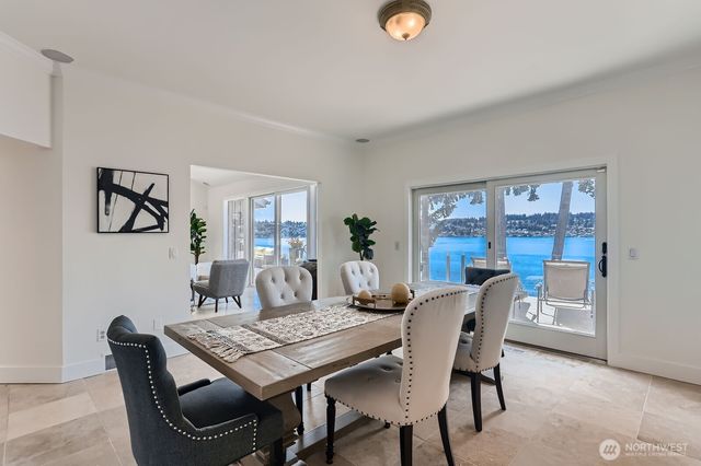 a view of a dining room with furniture