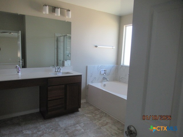 195 Azure Cove Kyle, TX 78640 - Photo 23 of 36 a bathroom with a double vanity sink a mirror and a bathtub