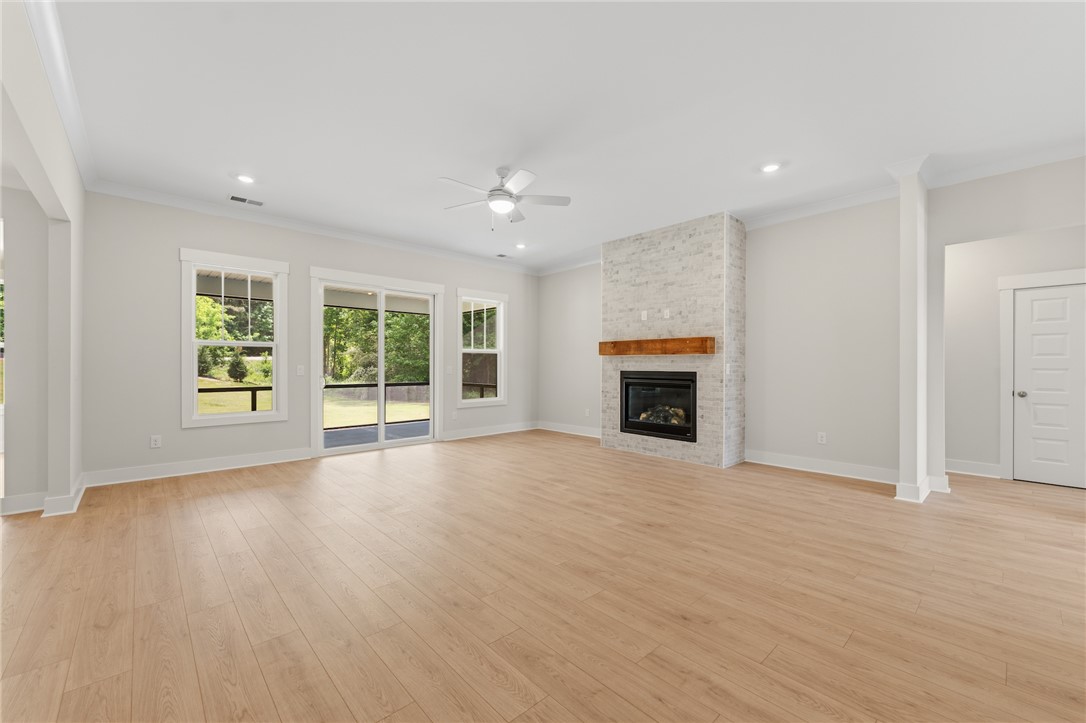203 Timothy Court Anderson, SC 29621 - Photo 28 of 40 A welcoming living area featuring a modern fireplace and abundant natural light from outdoor views.