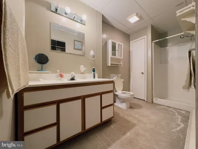 a bathroom with a double vanity sink toilet mirror and shower