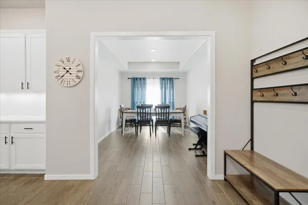 a living room with furniture and a table
