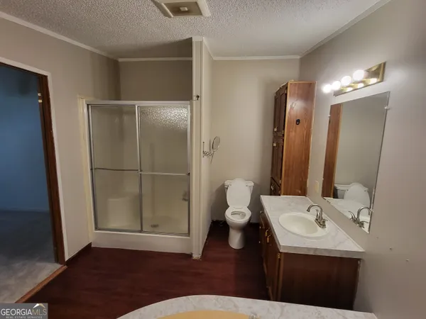 a bathroom with a sink a toilet a mirror and shower