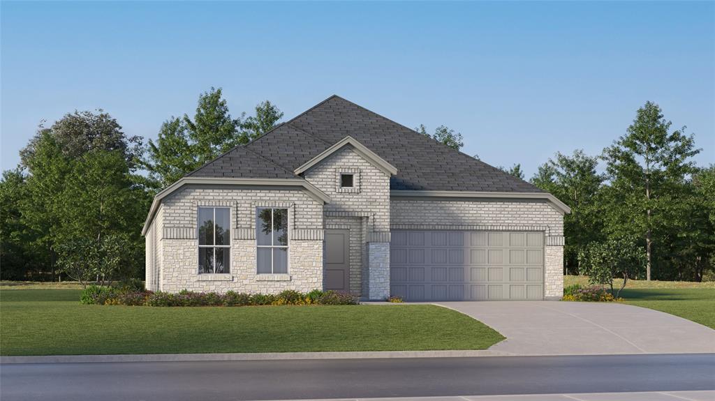 1209 Haggetts Pond Road Forney, TX 75126 - Photo 1 of 1 Single-story residence featuring a light-colored brick and stone façade, a dark shingle roof, and a two-car garage
